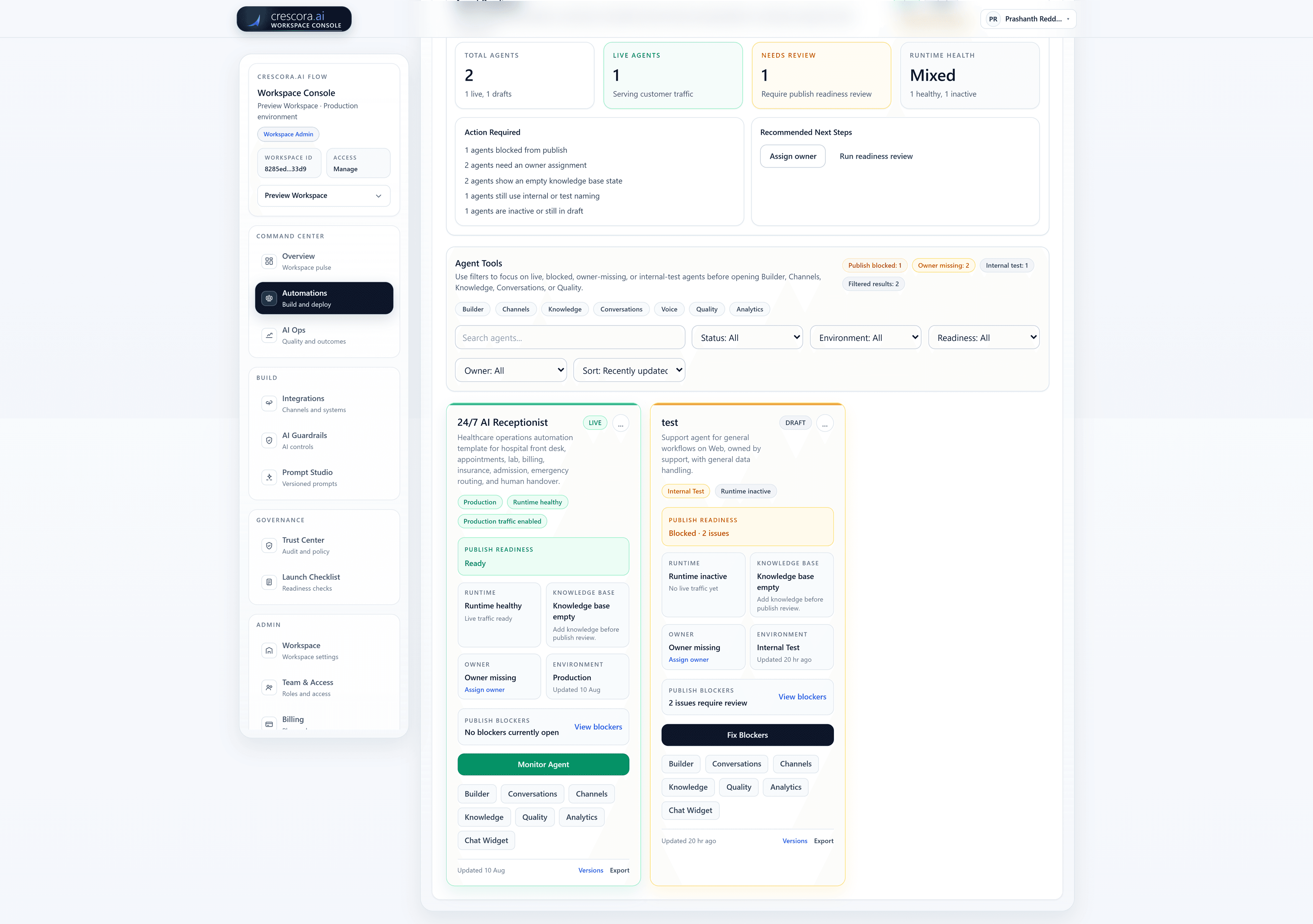 Crescora.ai workspace console showing agent operations, launch readiness, and platform health from one workspace