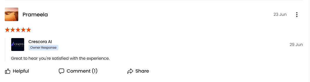 Screenshot of a public review capture from Prameela about Crescora AI.