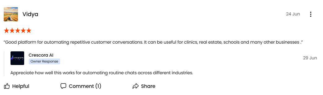 Screenshot of a public review from Vidya about Crescora AI automation for repetitive customer conversations.